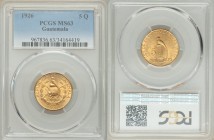 Republic gold 5 Quetzales 1926-(P) MS63 PCGS, Philadelphia mint, KM244. AGW 0.2419 oz. 

HID09801242017

© 2020 Heritage Auctions | All Rights Res...