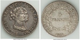 Lucca. Felix Bacciocchi & Elisa Bonaparte 5 Franchi 1807 XF, Florence mint, KM24.3, Dav-203. 37.4mm. 24.77gm. Dealer tag included. 

HID09801242017...