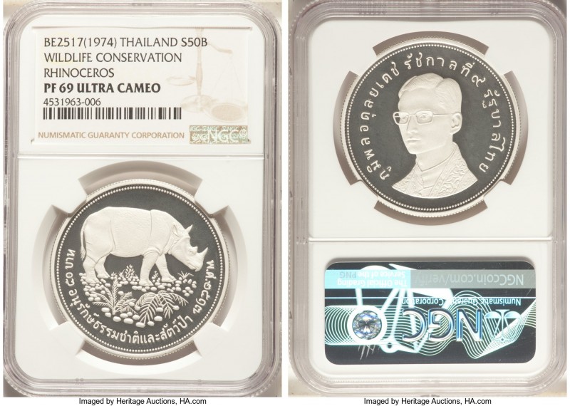 Rama IX Proof "Sumatran Rhino" 50 Baht BE 2517 (1974) PR69 Ultra Cameo NGC, KM-Y...