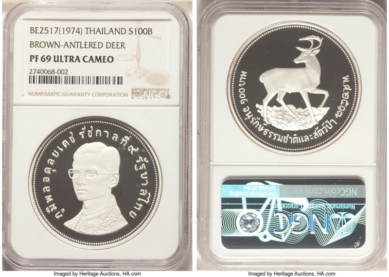 Rama IX Proof "Brown-Antlered Deer" 100 Baht 2517 PR69 Ultra Cameo NGC, KM-Y103a...