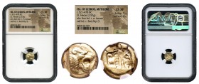 Lesbos. Mytilene. 1/6 de estátera o Hekte. 521-478 a.C. (Bodenstedt-13). (Sng Cop-301). (Cy-2533). Anv.: Cabeza de león rugiendo a derecha. Rev.: Cabe...