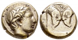 Lesbos. Mytilene. Hekte. 454-428 a.C. (Bodenstedt-57). Anv.: Cabeza laureada de Apolo a derecha. Rev.: Dos cabezas de carnero enfrentada, palma entre ...