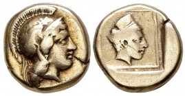 Lesbos. Mytilene. Hekte. 412-378 a.C. (Bodenstedt-73). Anv.: Cabeza de Atenea con casco a derecha. Rev.: Cabeza de Artemis-Cibeles a derecha en cuadro...