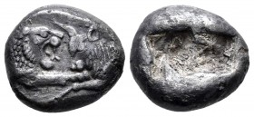 Lidia. Croesus. 1/2 estátera. 545-520 a.C. Sardes. (SNG Kayhan 1024-1026). Anv.: Partes delanteras de león a derecha y toro a izquierda. Rev.: Dos cua...