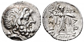 Tesalia. Estátera. 196-146 a.C. (BMC 31). (BCD Thessaly II 871.2). Anv.: Cabeza laureada de Zeus a derecha. Rev.: ΘEΣΣA/ΛΩN - ΦIΛOK / EΠIKPAT[I]. Athe...