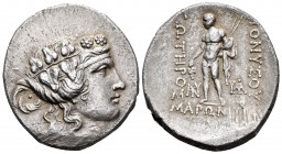 Tracia. Maroneia. Tetradracma. 120 a.C. (Gc-1635). Anv.: Cabeza de Dionisios a derecha. Rev.: Dionisos en pie a izquierda con dos lanzas y racimo de u...