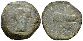 Dipo. Dupondio. 120-50 a.C. Elvas (Portugal). (Abh-897). (Acip-2494). Anv.: Cabeza masculina a derecha. Rev.: Cuerno de la abundancia a izquierda, deb...