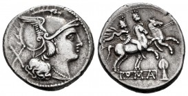 Anónimo. Denario. 211-209 a.C. Roma. (Ffc-54). (Craw-83/2). (Cal-9). Anv.: Cabeza de Roma a derecha, detrás X. Rev.: Dioscuros a caballo a derecha, en...