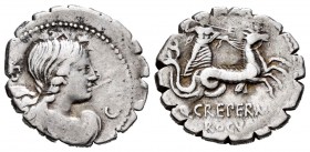 Creperia. Denario. 72 a.C. Incierta. (Ffc-657). (Craw-399-1b). (Cal-522). Anv.: Busto de espaldas de la Diosa del Mar a derecha, a la derecha crecient...