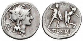 Didia. Denario. 112-113 a.C. Incierta. (Ffc-675). (Craw-294/1). (Cal-539). Anv.: Cabeza de Roma a derecha, debajo monograma XVI y detrás ROMA en monog...