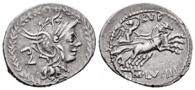 Lucilia. Denario. 101 a.C. Norte de Italia. (Ffc-821). (Craw-324/1). (Cal-909). Anv.: Cabeza de Roma a derecha, detrás PV, todo dentro de corona de la...