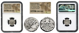 Memmia. Denario. 109-108 a.C. Sur de Italia. (Ffc-906). (Craw-304/1). (Cal-980). Anv.: Cabeza laureada a derecha, delante (X). Rev.: Los Dioscuros en ...