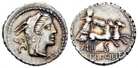 Procilia. Denario. 80 a.C. Sur de Italia. (Ffc-1082). (Craw-379/2). (Cal-1225). Anv.: Cabeza de Juno Sospita, tocado con pier de cabra a derecha, detr...