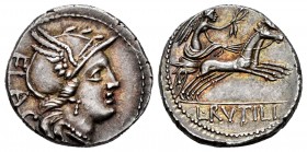 Rutilia. Denario. 77 a.C. Roma. (Ffc-1095). (Craw-387/1). (Cal-1237). Anv.: Cabeza de Roma a derecha, detrás FLAC. Rev.: Victoria con corona en biga a...