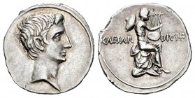 Augusto. Denario. 32-29 a.C. Incierta. (Brandisium y Roma?). (Ffc-45). (Ric-257). (Ch-61). Anv.: Cabeza desnuda de Augusto a derecha. Rev.: CAESAR DIV...