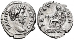 Aelio. Denario. 137 d.C. Roma. (Ric-2325). (Ch-5). Anv.: AELIVS CAESAR. Busto a derecha. Rev.: TR POT COS II / CONCORD. Concordia sentada a izquierda ...