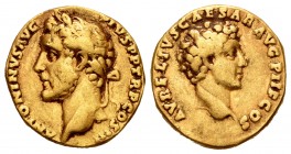 Antonino Pío y Marco Aurelio. Áureo. 140 d.C. Roma. (Ric-421). (Cal-1733). Anv.: ANTONINVS AVG PIVS P P TR P COS III. Busto laureado de Antonino Pío a...