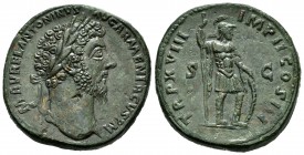 Antonino Pío. Sestercio. 164 d.C. Roma. (Spink-5000). (Ric-854). Rev.: TR P XVIII IMP II COS III SC, Marte a derecha con lanza y escudo. Ae. 24,00 g. ...