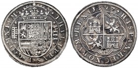 Felipe II (1556-1598). 8 reales. 1597. Segovia. (Cal 2008-231). (Cal 2019-718). Ag. 26,39 g. Tipo OMNIVM. Acueducto de cinco arcos de dos pisos. Adorn...
