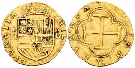 Felipe II (1556-1598). 2 escudos. Segovia. D. (Cal 2008-53). (Cal 2019-821). (Tauler-23a). Anv.: PHILIPPVS ·II· DEI · GRATIA. Escudo entre acueducto /...
