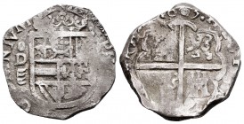 Felipe III (1598-1621). 2 reales. 1605. Valladolid. D. (Cal 2019-720). Ag. 6,78 g. Tipo OMNIVM. Fecha completa. Muy escasa. MBC-. Est...350,00. // ENG...
