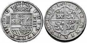 Felipe III (1598-1621). 8 reales. 1614. Segovia. AR. (Cal 2019-946). Ag. 27,25 g. Acueducto de cinco arcos de dos pisos. Siete lises en el antiguo de ...