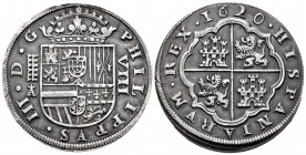 Felipe III (1598-1621). 8 reales. 1620. Segovia. A. (Cal 2019-950). Ag. 26,84 g. Acueducto de cinco arcos y dos pisos. Tres flores de lis en las armas...