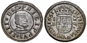 Felipe IV (1621-1665). 16 maravedís. 1661. Segovia. B/R. (Cal 2019-487). Ag. 4,14 g. Gran parte del plateado original. Atractiva. Muy rara así. EBC. E...