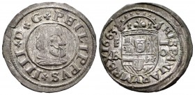 Felipe IV (1621-1665). 16 maravedís. 1663. Segovia. B/R. (Cal 2019-489). Ae. 4,48 g. Leve defecto en el busto. EBC-. Est...40,00. // ENGLISH: Philip I...