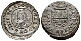 Felipe IV (1621-1665). 16 maravedís. 1664. Trujillo. M. (Cal 2019-507). Ae. 3,23 g. Ceca a izquierda del escudo. Ligeros restos de plateado original e...
