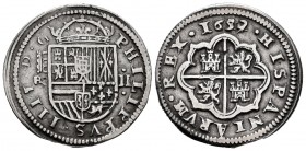Felipe IV (1621-1665). 2 reales. 1652/39. Segovia. BR. (Cal 2019-tipo 255). Ag. 4,88 g. Clara rectificación de fecha. Calicó 2019 no cita esta sobrefe...