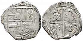 Felipe IV (1621-1665). 8 reales. 1631. Potosí. T. (Cal 2008-473). (Cal-1456). Ag. 26,89 g. Visibles los dos últimos dígitos de la fecha. Escasa. MBC+....