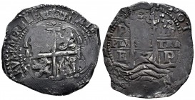 Felipe IV (1621-1665). 8 reales. 1657. Potosí. E (Antonio de Ergueta). (Cal 2008-445). (Cal 2019-1519). Ag. 27,17 g. Leyenda de anverso terminar en RE...