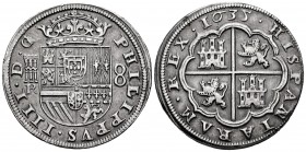Felipe IV (1621-1665). 8 reales. 1635. Segovia. R. (Cal 2019-1608). Ag. 26,98 g. Acueducto grande de dos arcos de dos pisos. Leyenda HISPANIARAM siend...