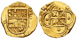 Felipe IV (1621-1665). 2 escudos. Fecha no visible. Cartagena de Indias. E. (Cal 2008-Tipo 31). (Cal 2019-Tipo 379). (Tauler-118). Au. 6,54 g. Muy rar...