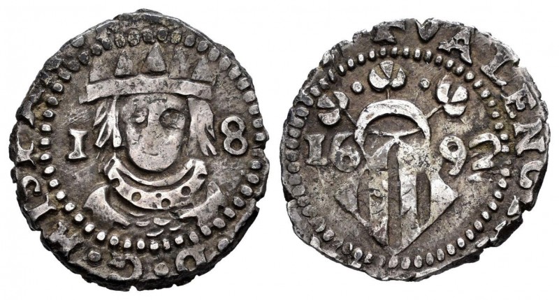 Carlos II (1665-1700). Dieciocheno. 1692. Valencia. (Cal 2019-336 variante). Ag....