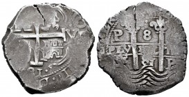 Carlos II (1665-1700). 8 reales. 1681. Potosí. V. (Cal 2008-363). (Cal 2019-719). Ag. 27,03 g. Visible parte del nombre del rey. Doble fecha. Grieta. ...