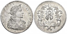 Carlos II (1665-1700). Ducado de 100 grana. 1693. Nápoles. AG/A. (Vti-194). (Mir-294). Ag. 21,81 g. Rayas de ajuste. Restos de brillo original. EBC-. ...