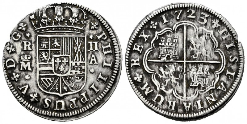 Felipe V (1700-1746). 2 reales. 1723. Madrid. A. (Cal 2019-777). Ag. 4,87 g. Def...