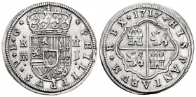 Felipe V (1700-1746). 2 reales. 1717. Segovia. J. (Cal 2019-944). Ag. 5,56 g. Brillo original. Precioso ejemplar. Rara en esta conservación. EBC+. Est...