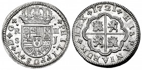 Felipe V (1700-1746). 2 reales. 1721. Sevilla. J. (Cal 2019-979). Ag. 6,55 g. Pleno brillo original. Muy en esta consevación. SC. Est...500,00. // ENG...