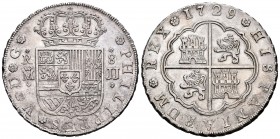 Felipe V (1700-1746). 8 reales. 1729. Madrid. JJ. (Cal 2008-694). Ag. 26,95 g. Leves rayas de ajuste. Buen ejemplar. Rara en esta conservación. EBC-/E...