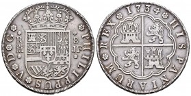 Felipe V (1700-1746). 8 reales. 1734. Madrid. JF. (Cal 2008-700). (Cal 2019-1357). Ag. 26,54 g. Golpecitos en el canto. MBC. Est...500,00. // ENGLISH:...