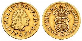 Felipe V (1700-1746). 1/2 escudo. 1746. Sevilla. PJ. (Cal 2008-259). (Cal 2019-1652). Au. 1,76 g. Rara. MBC+. Est...300,00. // ENGLISH: Philip V (1700...