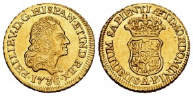 Felipe V (1700-1746). 1 escudo. 1736. Sevilla. AP. (Cal 2008-566). (Cal 2019-1808). Au. 3,38 g. Brillo orignal. Escasa, aún más en esta conservación. ...