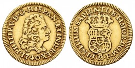 Felipe V (1700-1746). 1 escudo. 1740. Madrid. JF. (Cal 2008-491). (Cal 2019-1719). Au. 3,34 g. Sin indicación de valor. Rara. MBC+. Est...350,00. // E...