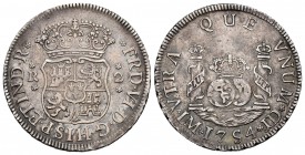 Fernando VI (1746-1759). 2 reales. 1754. Lima. JD. (Cal 2019-270). Ag. 6,73 g. Leyenda FRD VI... Punto sobre el monograma de la ceca. Rara en esta con...