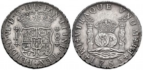 Fernando VI (1746-1759). 8 reales. 1753. Lima. J. (Cal 2019-455). Ag. 26,75 g. Leve rayita en reverso. Tono. EBC-. Est...500,00. // ENGLISH: Ferdinand...