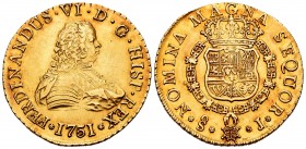 Fernando VI (1746-1759). 8 escudos. 1751. Santiago. J. (Cal 2019-824). (Cal onza-644). Au. 27,03 g. Buena acuñación del escudo. Muy escasa. EBC/EBC+. ...