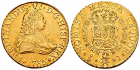 Fernando VI (1746-1759). 8 escudos. 1755. Santiago. J. (Cal 2019-830). (Cal onza-649). Au. 26,97 g. Sin indicación de valor. Restos de brillo original...